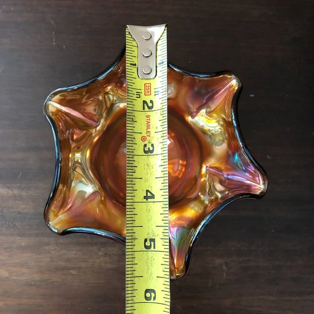 Vintage Marigold Iridescent Carnival Glass Ruffled Pedestal Candy‎ Dish Bowl MCM